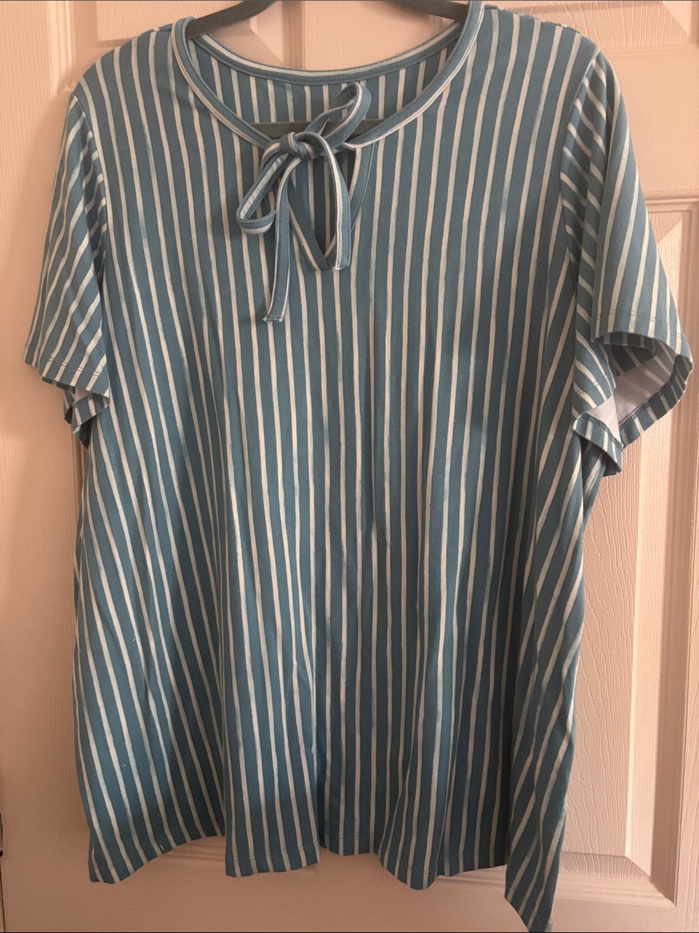 Tie-Neck Short Sleeve Tunic in Blue and White Stripes